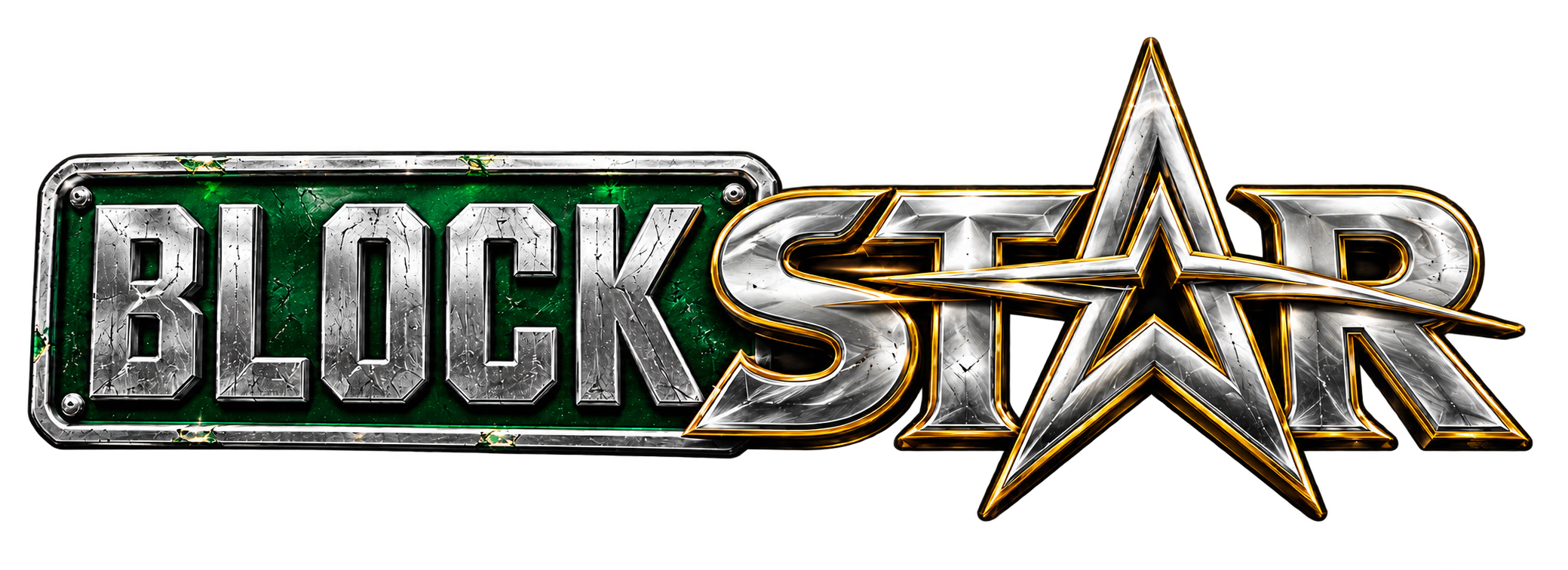 Blockstar chrome street-sign logo with a five-point star